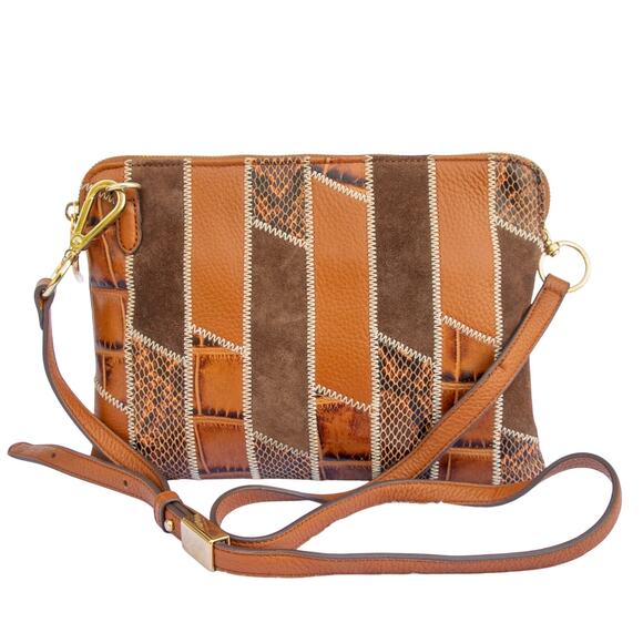 G.I.L.I. Brown Tan Embossed Snake Croc Leather Suede Patchwork Crossbody Purse - Picture 1 of 11